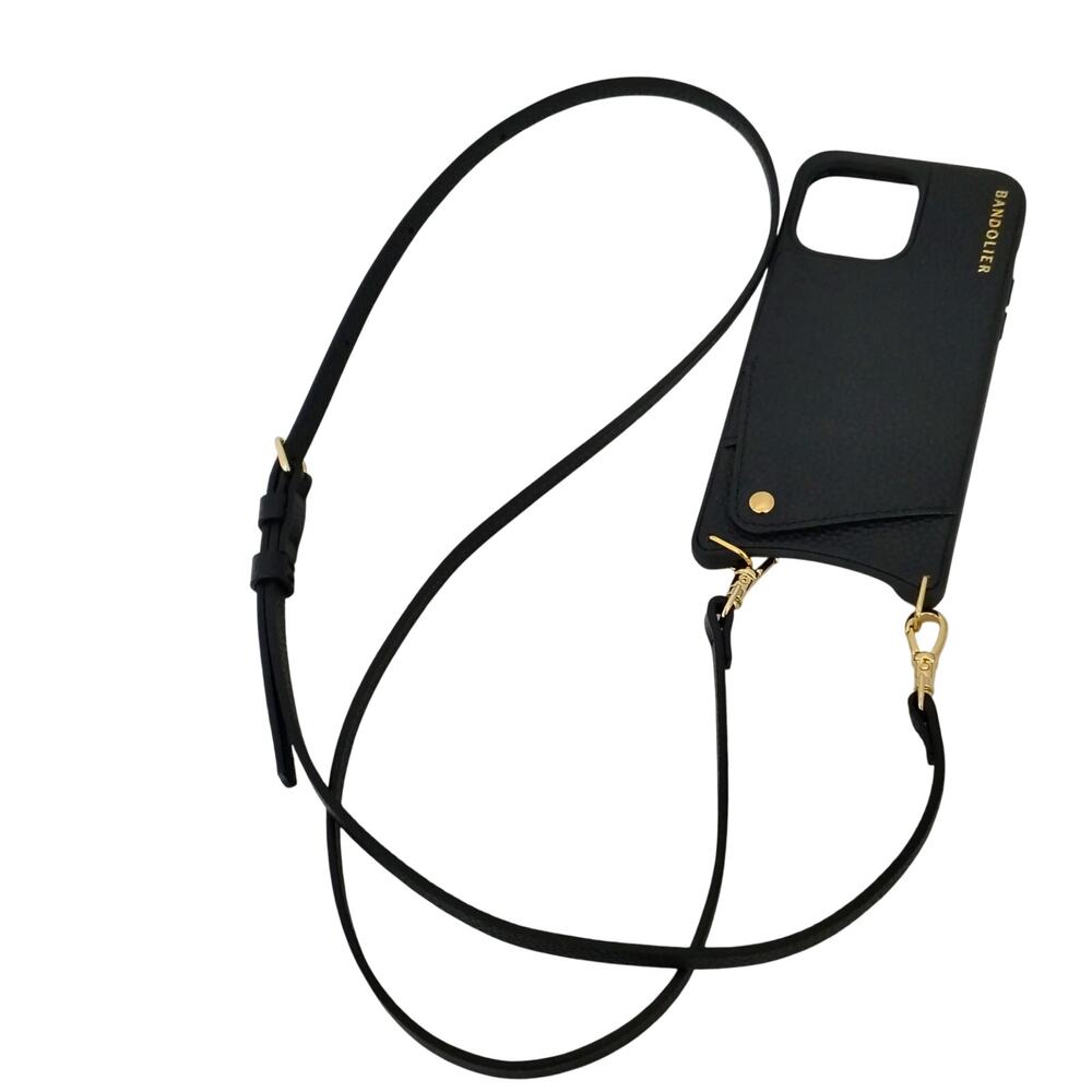 Bandolier Emma iPhone14 Promax Black Leather Phone Case Wallet Crossbody Adjust